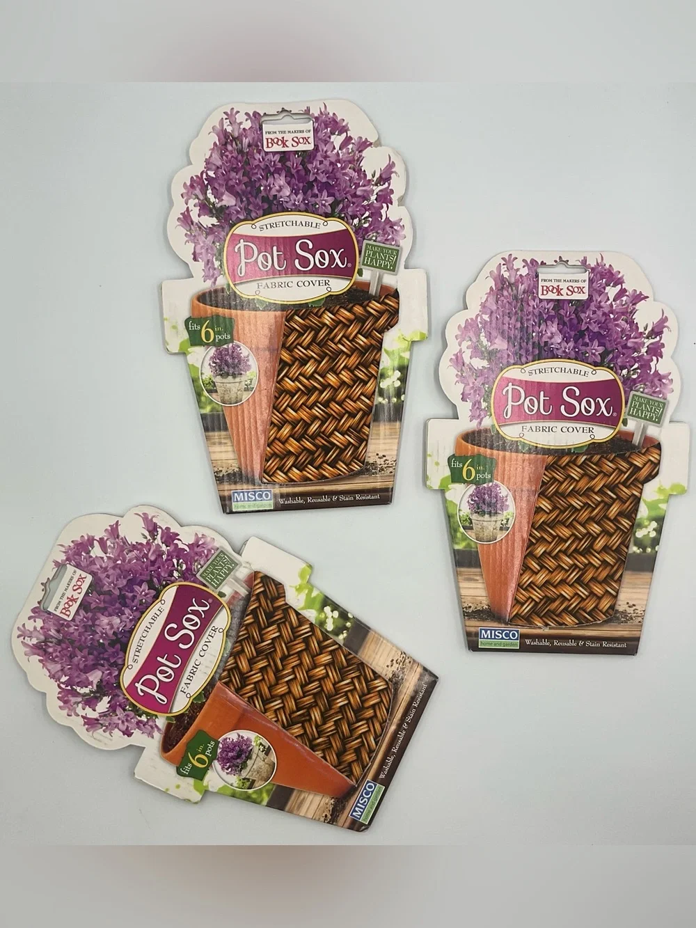 Lot x5 Pot Sox Cover  6”-8” Flower Pot Stretchable Washable Fabric Brown Wicker